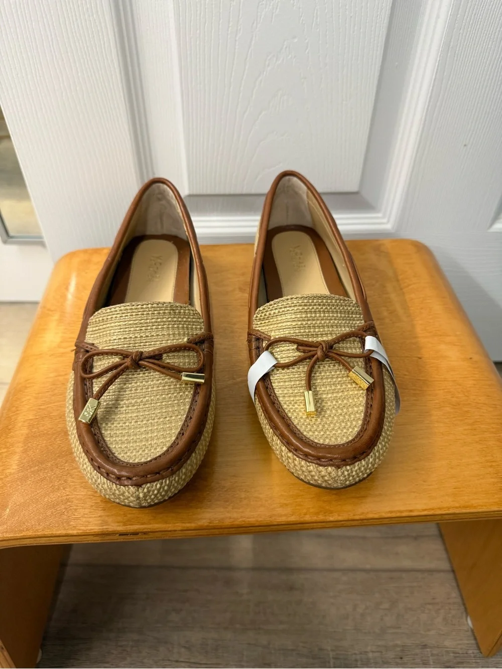 Michael Kors Tan Raffia and Brown Leather with Gold-Tip Bow